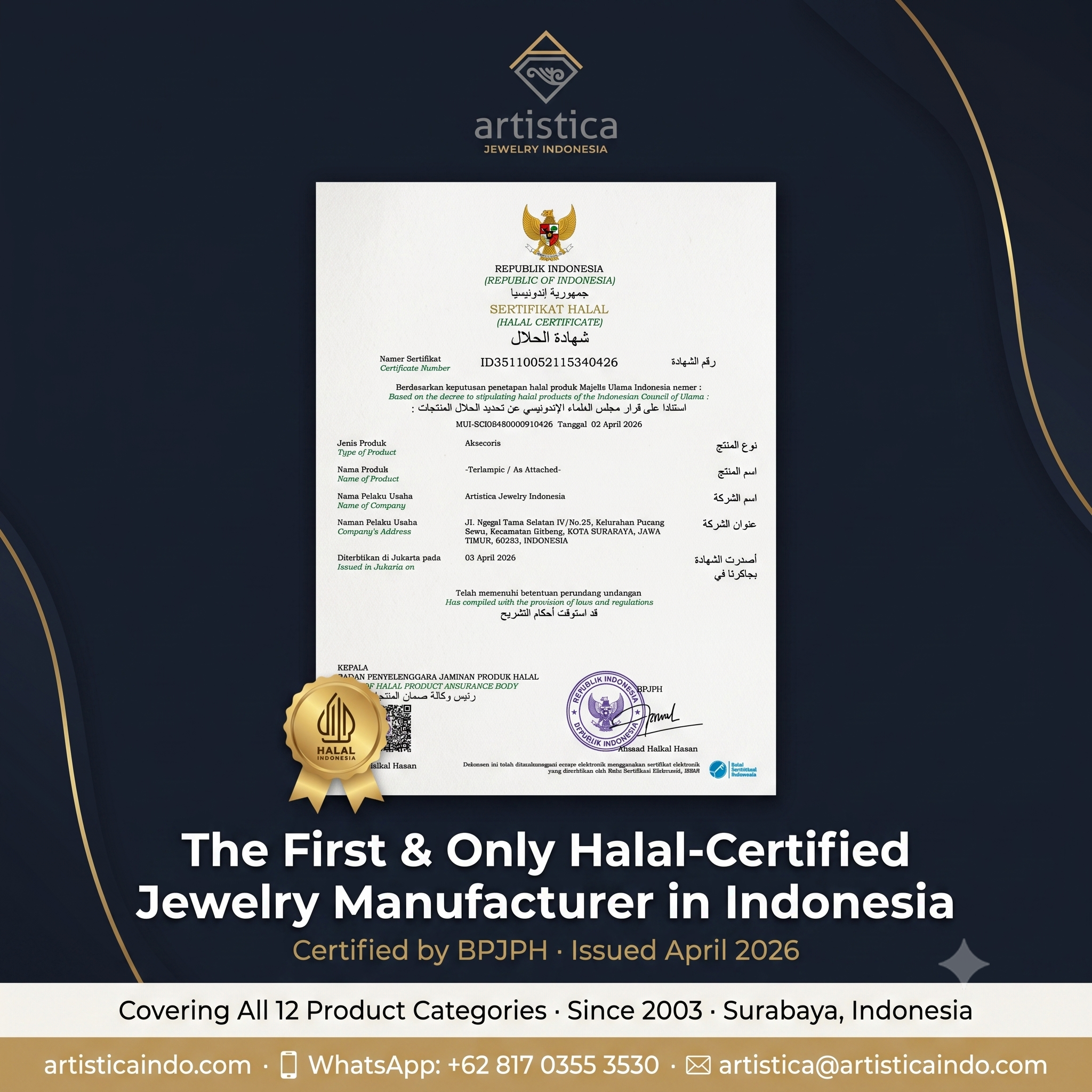 Official BPJPH Halal Certificate for Artistica Jewelry Indonesia - Certificate No. ID35110052115340426, issued 03 April 2026, covering all 12 jewelry categories